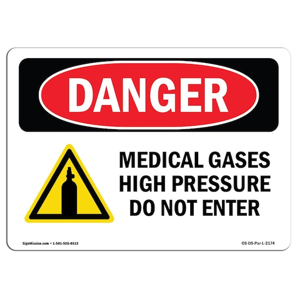 Safety Sign, OSHA Danger, 3.5" Height, 5" Width, Medical Gases High Pressure, Landscape, 10PK